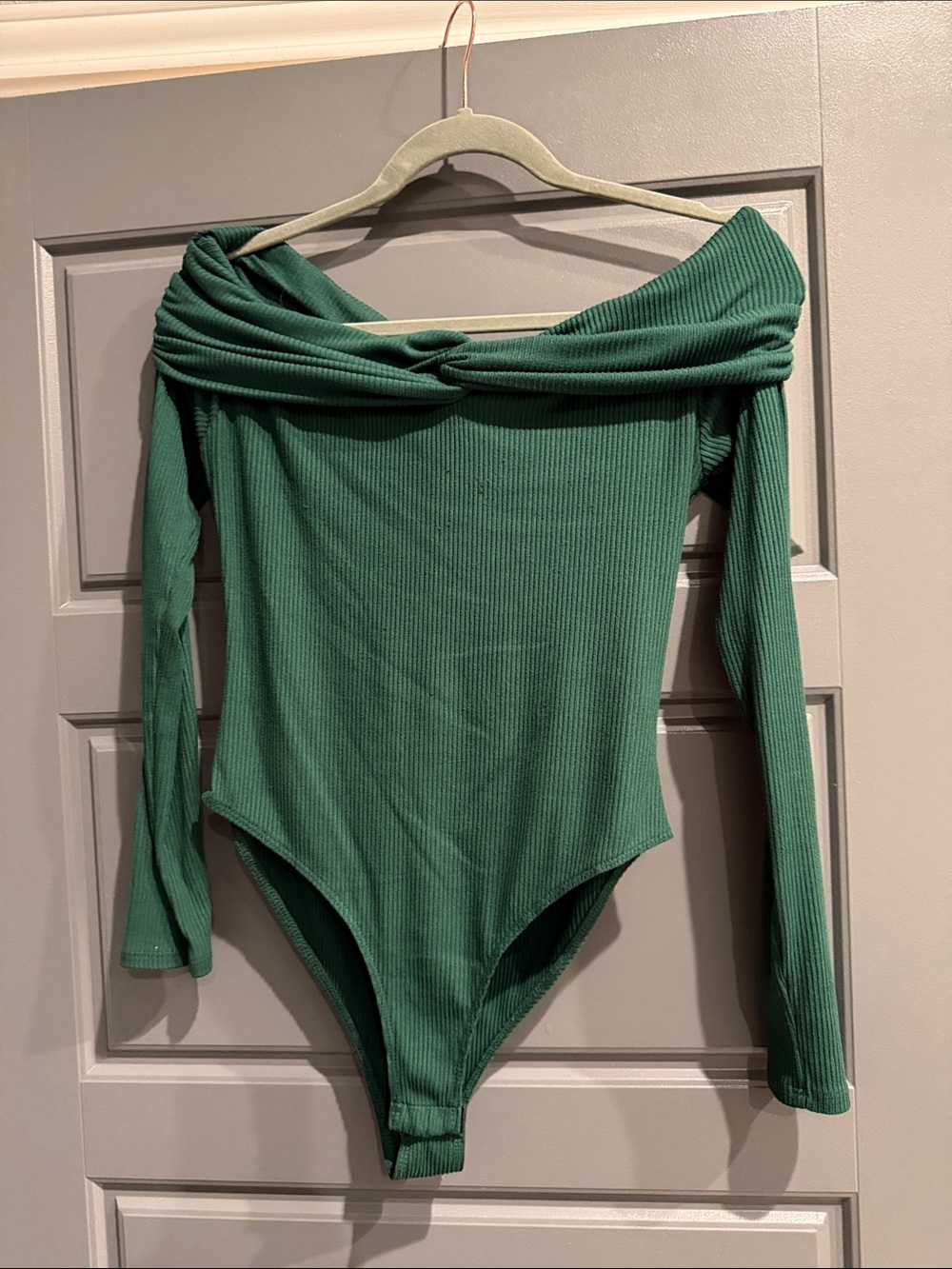 Peach Love California Green Ribbed Off-Shoulder Long-Sleeve Bodysuit